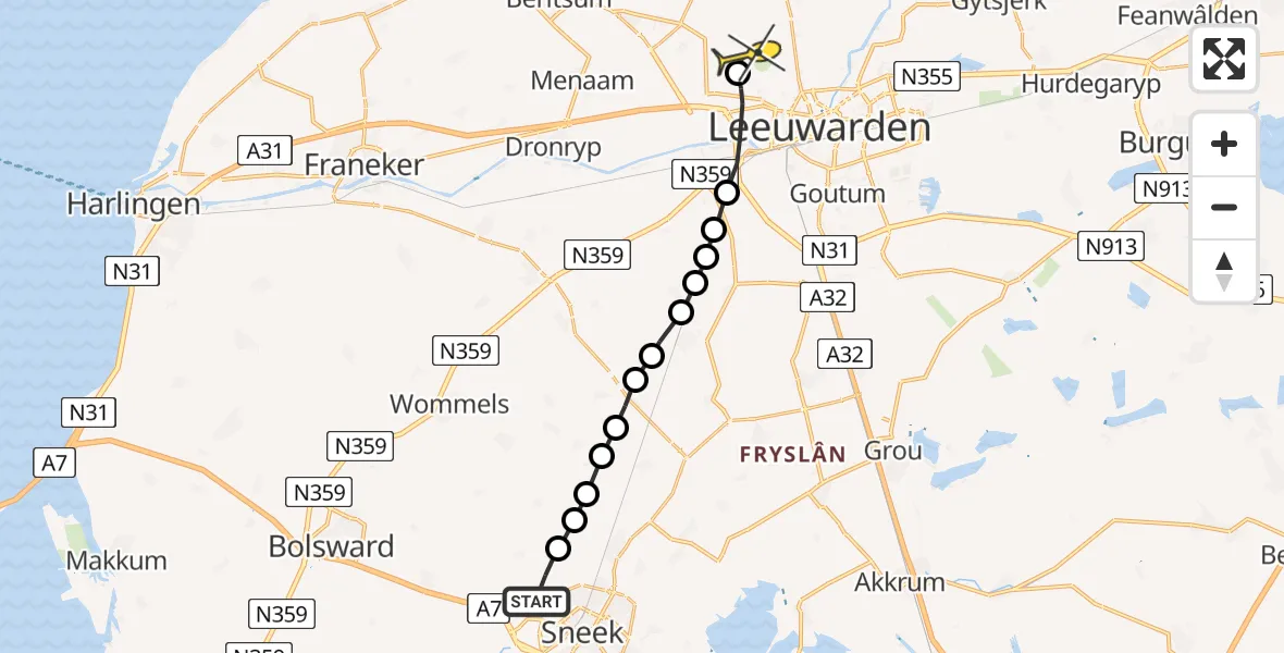 Routekaart van de vlucht: Ambulancehelikopter naar Vliegbasis Leeuwarden, Ivige Leane