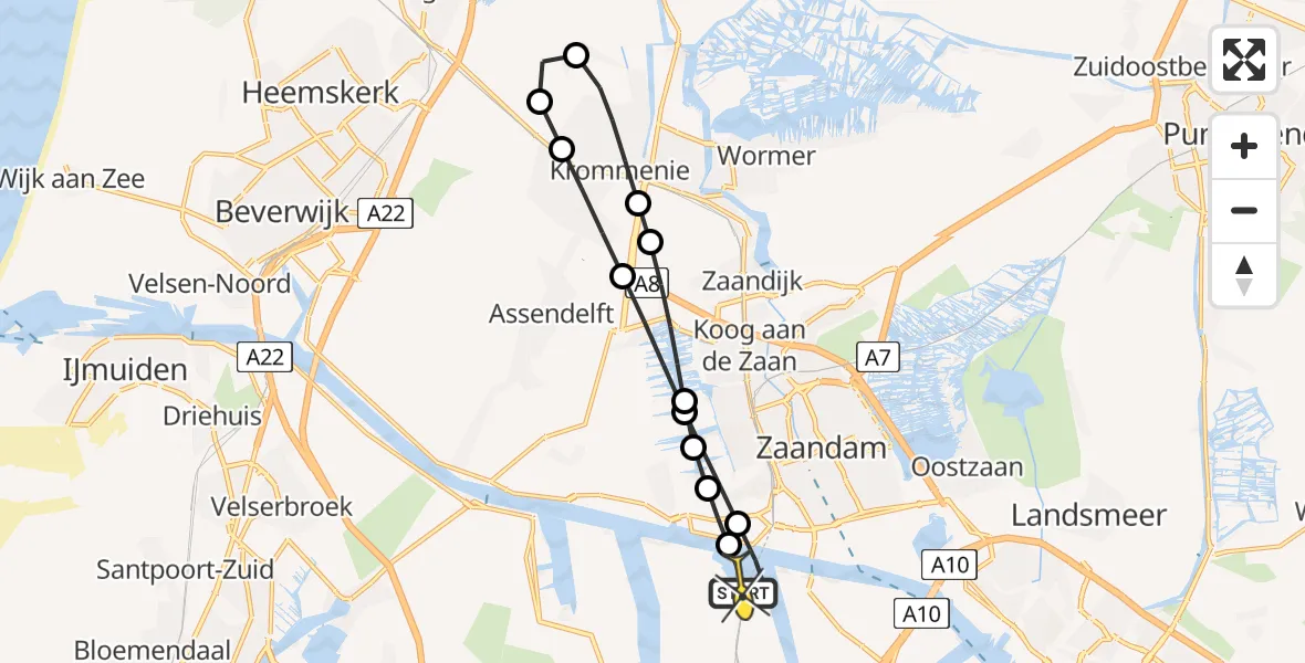 Routekaart van de vlucht: Lifeliner 1 naar Amsterdam Heliport, Grote Tocht