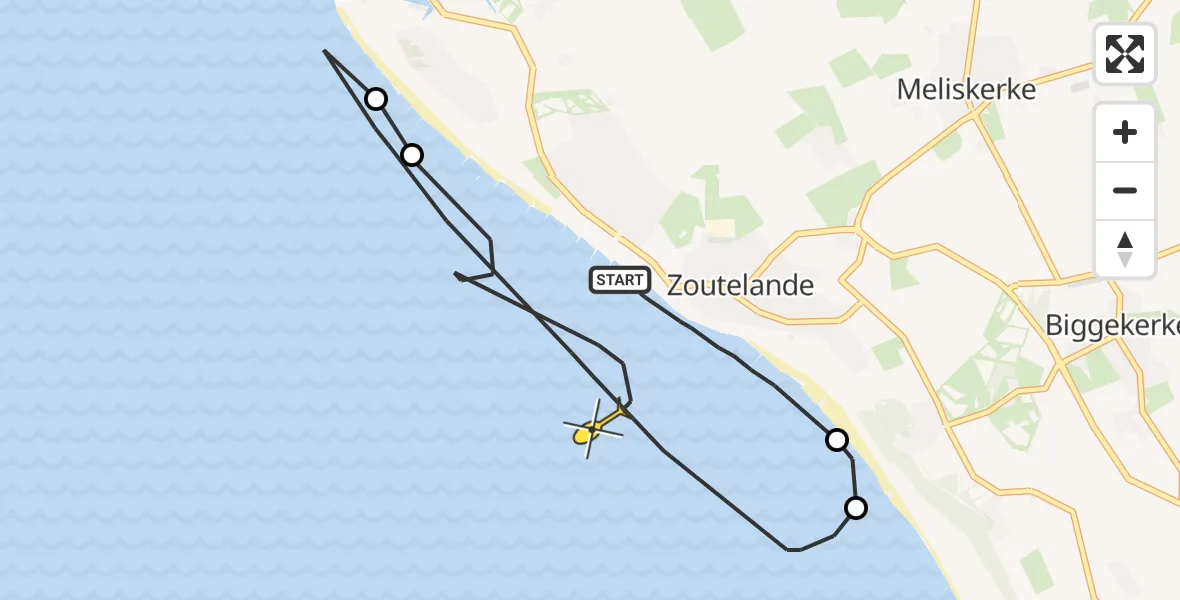Routekaart van de vlucht: Politiehelikopter naar Vlissingen, Strand Zoutelande