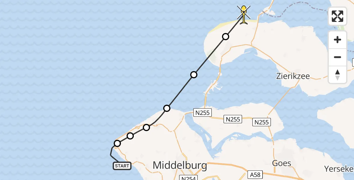 Routekaart van de vlucht: Politiehelikopter naar Renesse, Oostgat