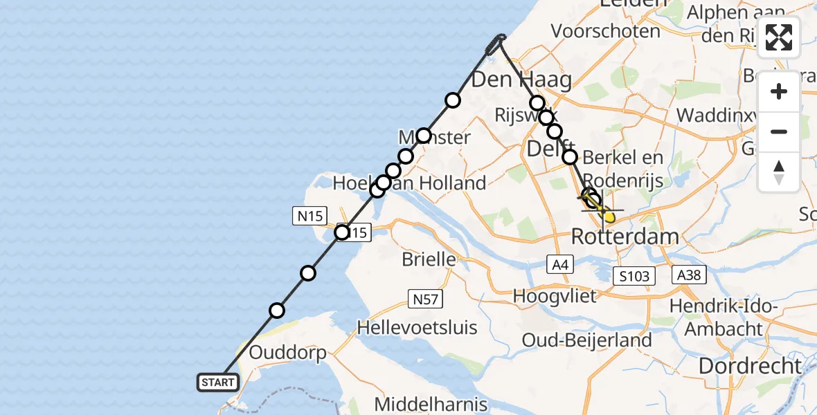Routekaart van de vlucht: Politiehelikopter naar Rotterdam The Hague Airport, Westhoofdduinpad
