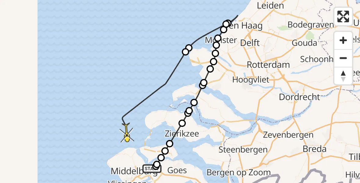 Vluchtroute Kustwachthelikopter van Vliegveld Midden-Zeeland naar 