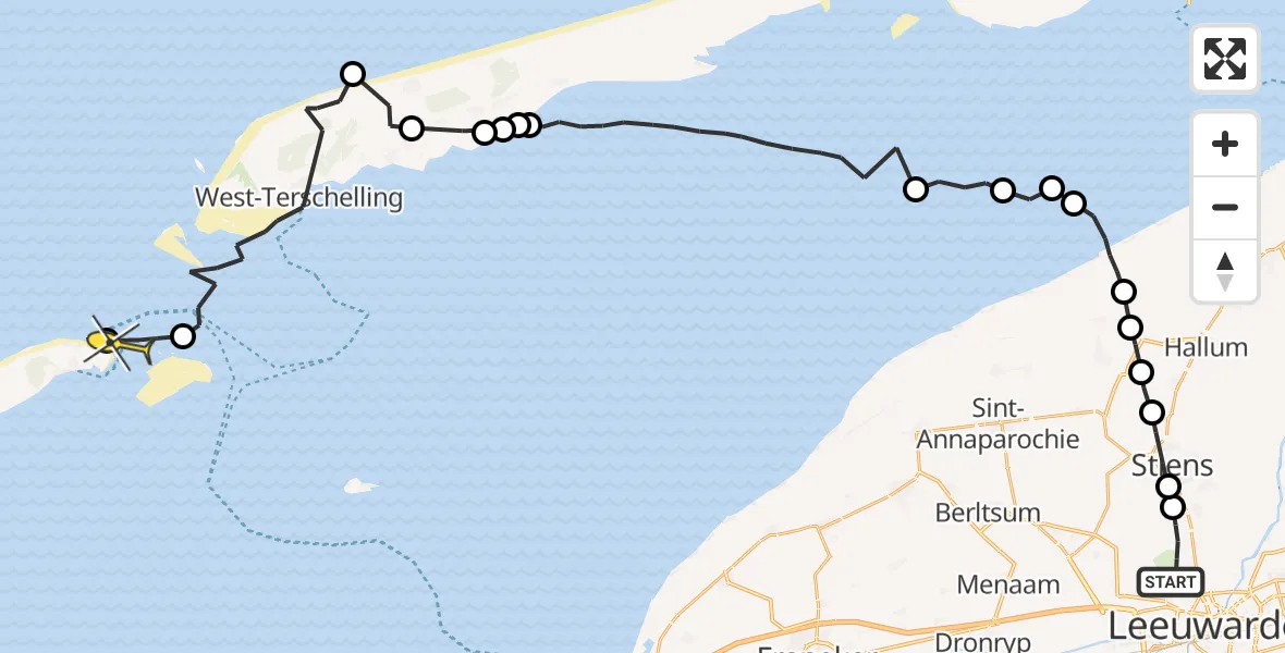 Routekaart van de vlucht: Ambulancehelikopter naar Vlieland Heliport, Keegsdijkje