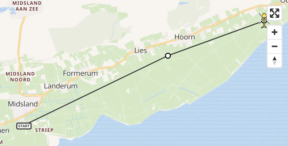 Routekaart van de vlucht: Ambulancehelikopter naar Oosterend, Dorpsstraat