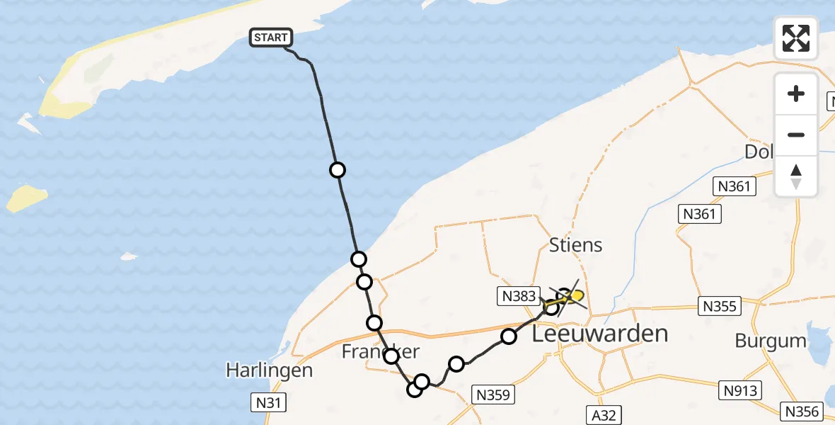 Routekaart van de vlucht: Ambulancehelikopter naar Vliegbasis Leeuwarden, Rimkeskooi