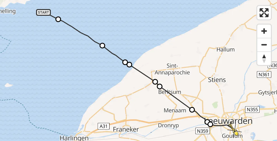 Routekaart van de vlucht: Ambulanceheli naar Leeuwarden, Noorder Balgen