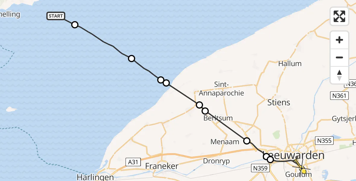 Routekaart van de vlucht: Ambulancehelikopter naar Leeuwarden, Noorder Balgen