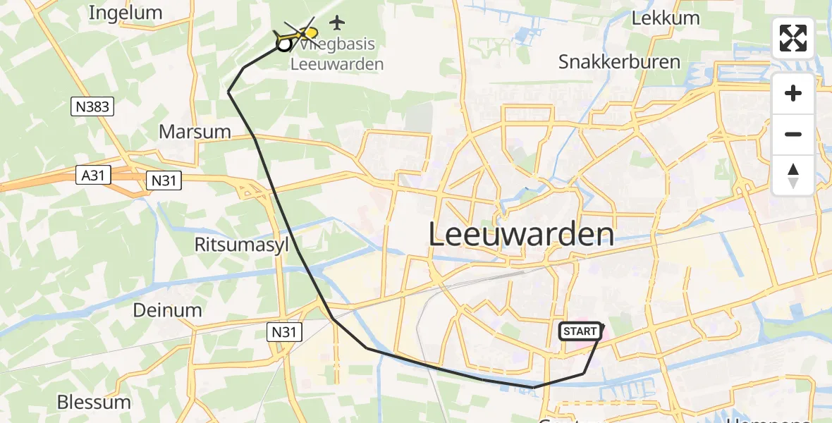 Routekaart van de vlucht: Ambulancehelikopter naar Vliegbasis Leeuwarden, Beatrixstraat