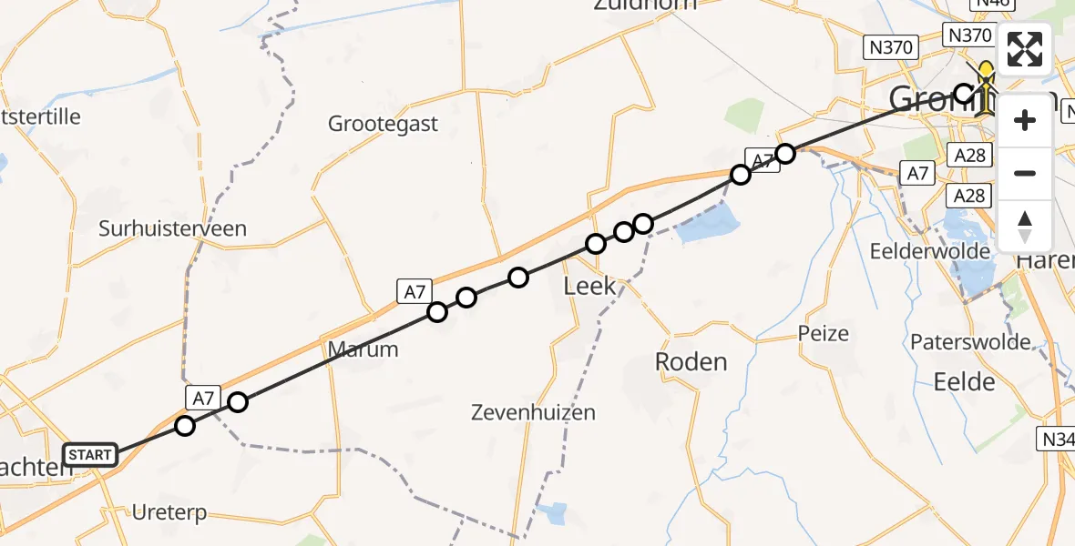 Routekaart van de vlucht: Lifeliner 4 naar Universitair Medisch Centrum Groningen, Schansweg