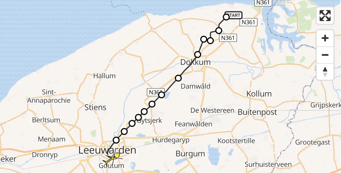 Routekaart van de vlucht: Ambulanceheli naar Leeuwarden, Sjoarda