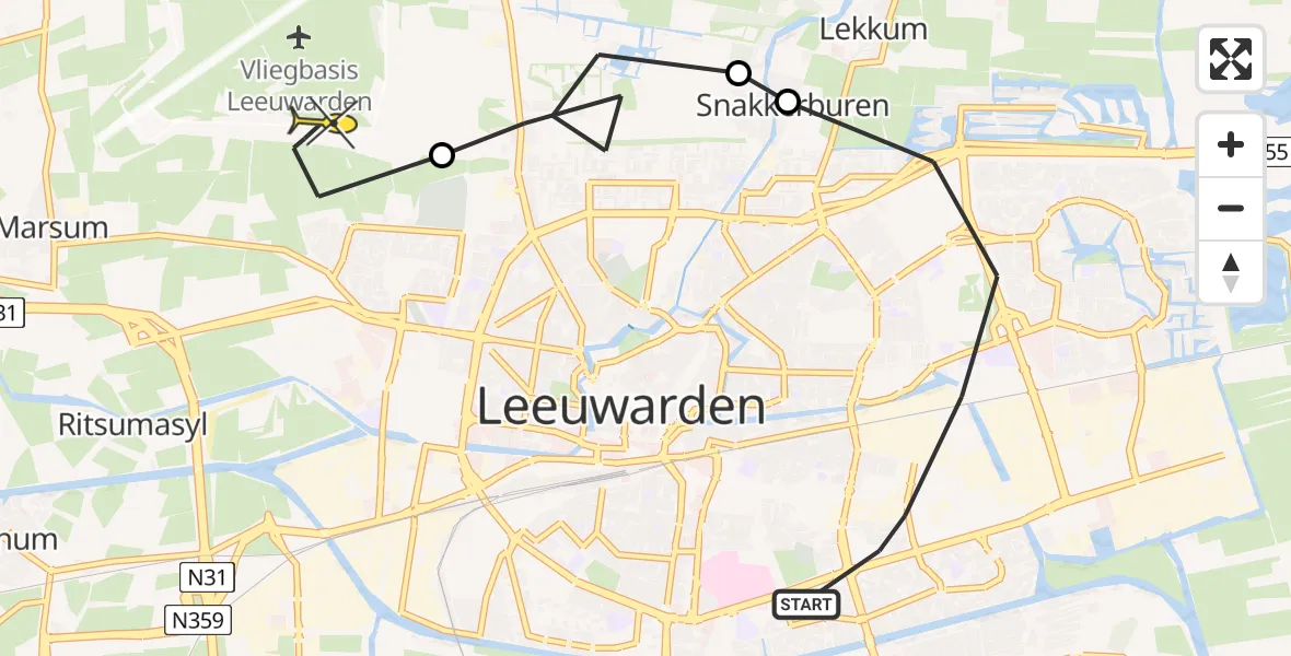 Vluchtroute Ambulancehelikopter van Leeuwarden naar Vliegbasis Leeuwarden