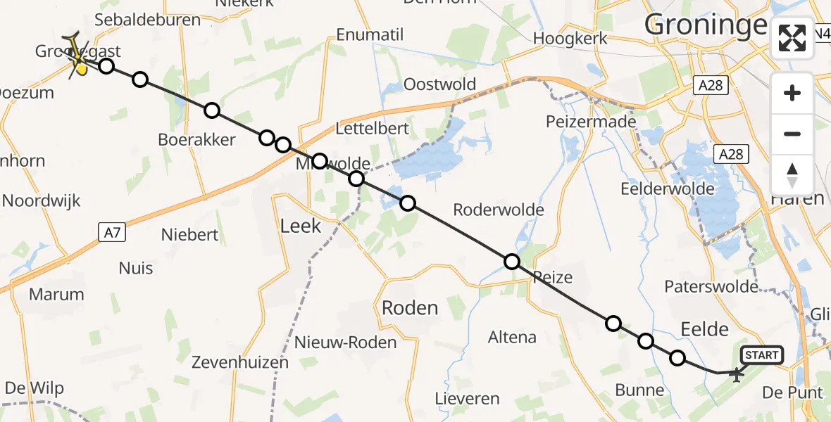 Routekaart van de vlucht: Lifeliner 4 naar Grootegast, Lugtenbergerweg