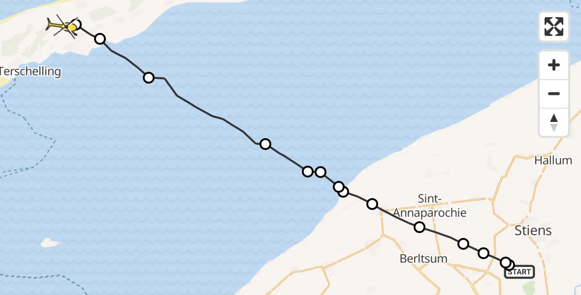 Routekaart van de vlucht: Ambulanceheli naar Midsland, Hogerhuisdyk