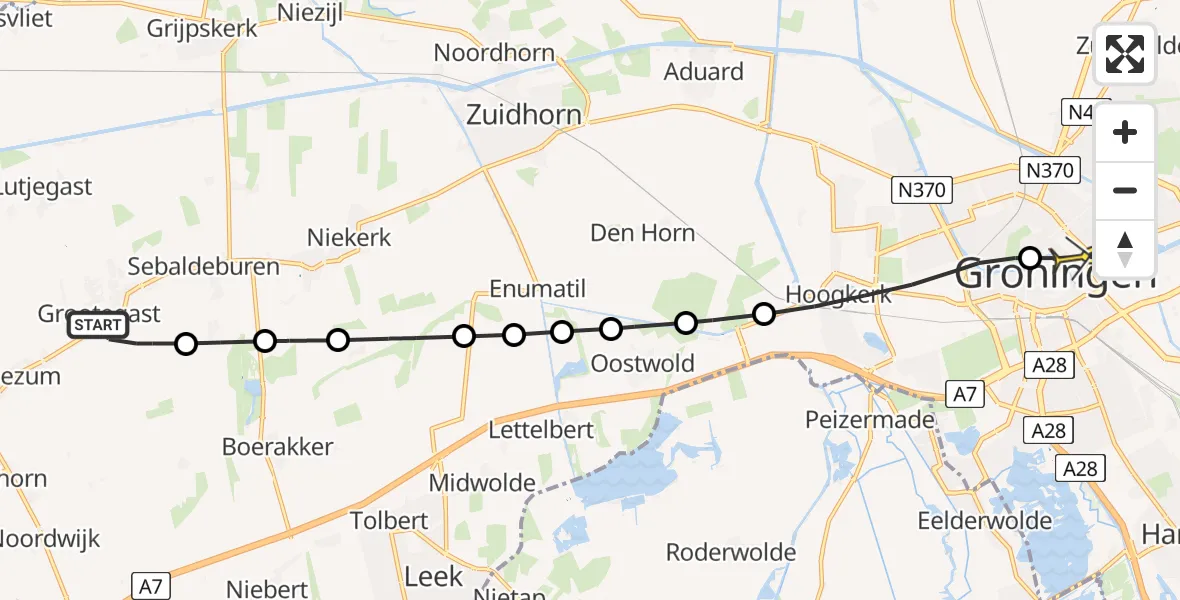 Routekaart van de vlucht: Lifeliner 4 naar Universitair Medisch Centrum Groningen, Zandbalk