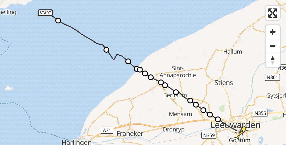 Routekaart van de vlucht: Ambulanceheli naar Leeuwarden, Borniastraat