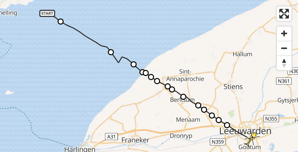 Routekaart van de vlucht: Ambulancehelikopter naar Leeuwarden, Borniastraat