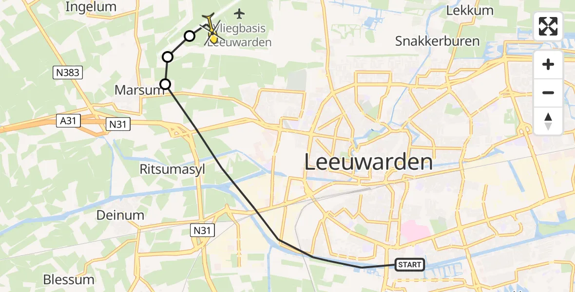 Vluchtroute Ambulancehelikopter van Leeuwarden naar Vliegbasis Leeuwarden