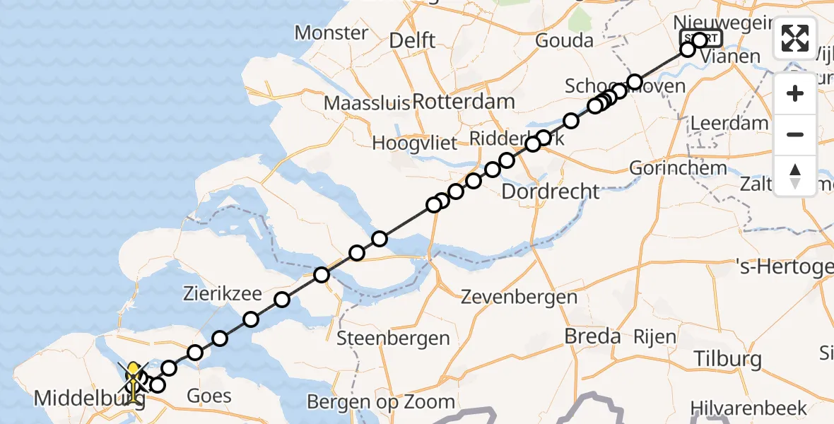 Routekaart van de vlucht: Politieheli naar Vliegveld Midden-Zeeland, Provincialeweg