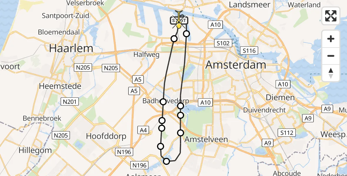 Routekaart van de vlucht: Lifeliner 1 naar Amsterdam Heliport, Nieuw-Zeelandweg