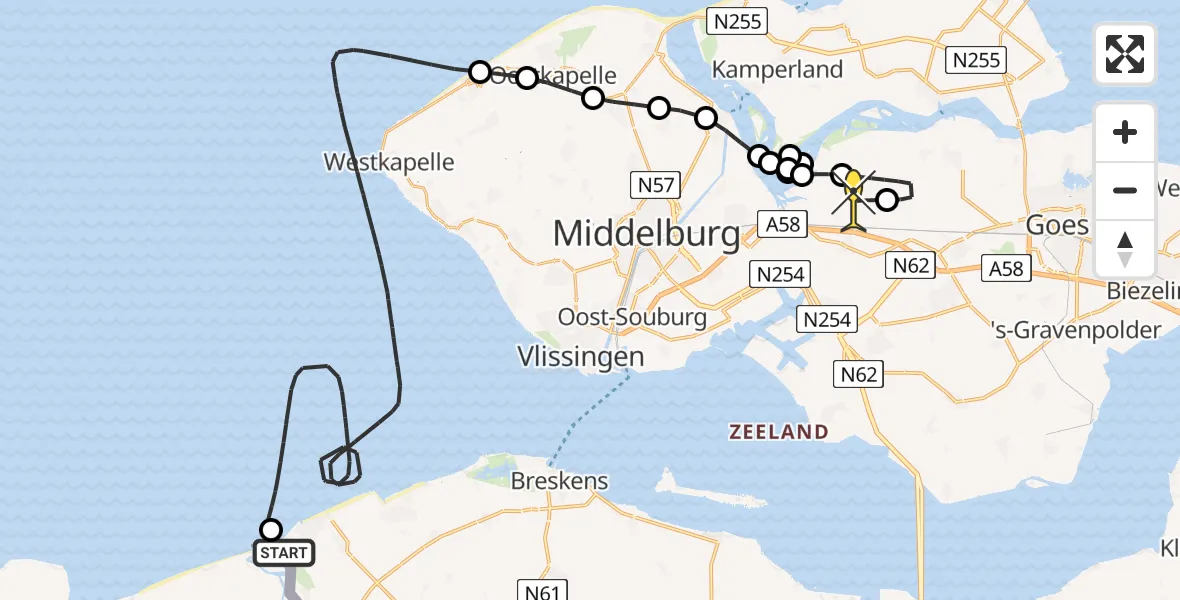 Routekaart van de vlucht: Kustwachthelikopter naar 's-Heer Arendskerke, Duinweg