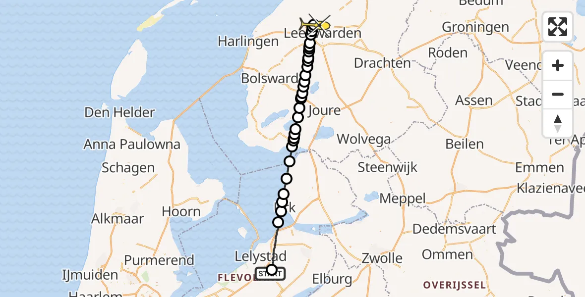 Routekaart van de vlucht: Ambulancehelikopter naar Vliegbasis Leeuwarden, Uilentocht