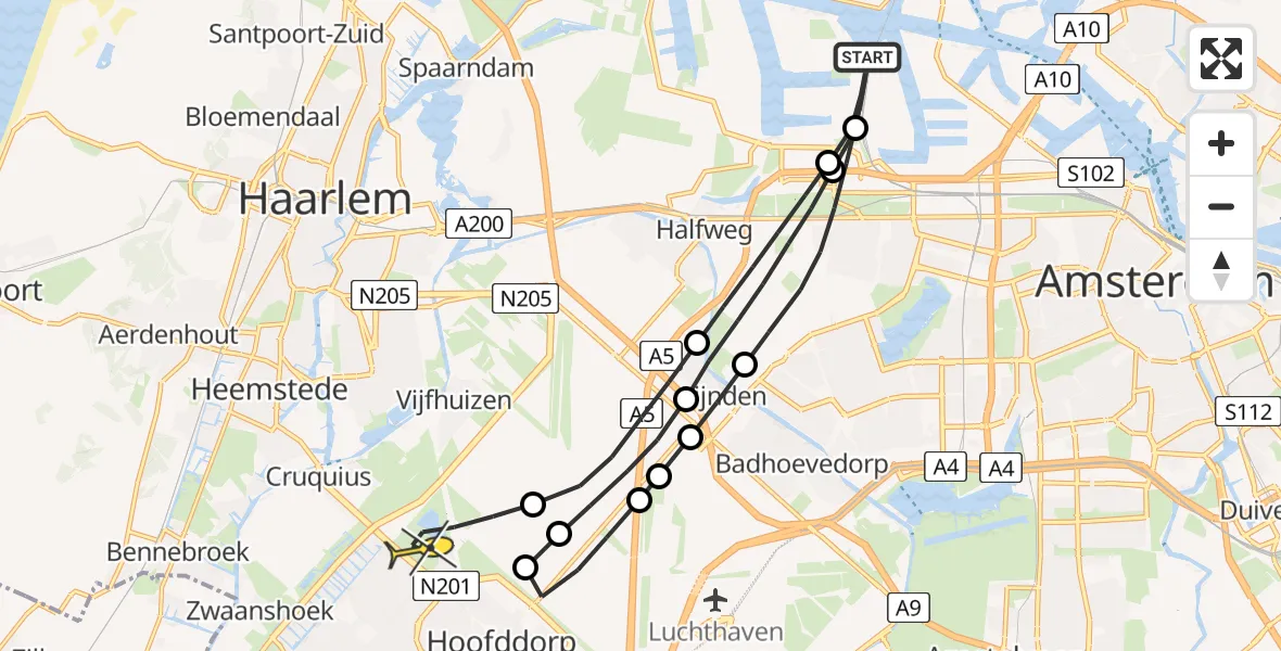 Routekaart van de vlucht: Lifeliner 1 naar Hoofddorp, Nieuw-Zeelandweg