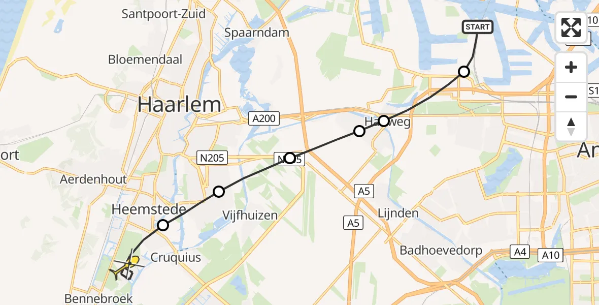 Routekaart van de vlucht: Lifeliner 1 naar Heemstede, Nieuw-Zeelandweg