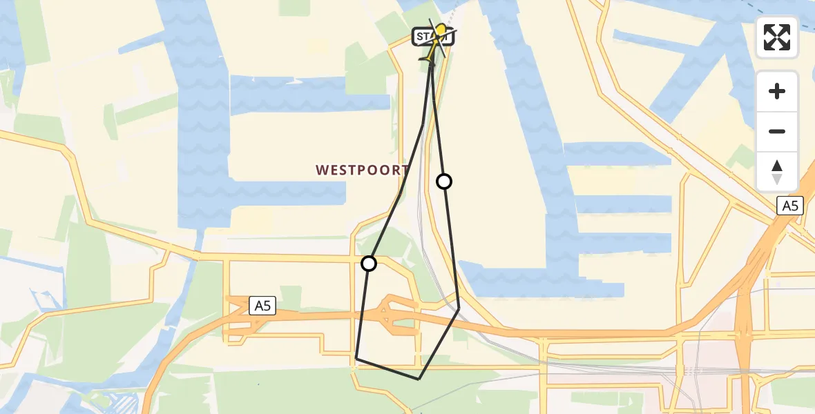 Routekaart van de vlucht: Lifeliner 1 naar Amsterdam Heliport, Nieuw-Zeelandweg