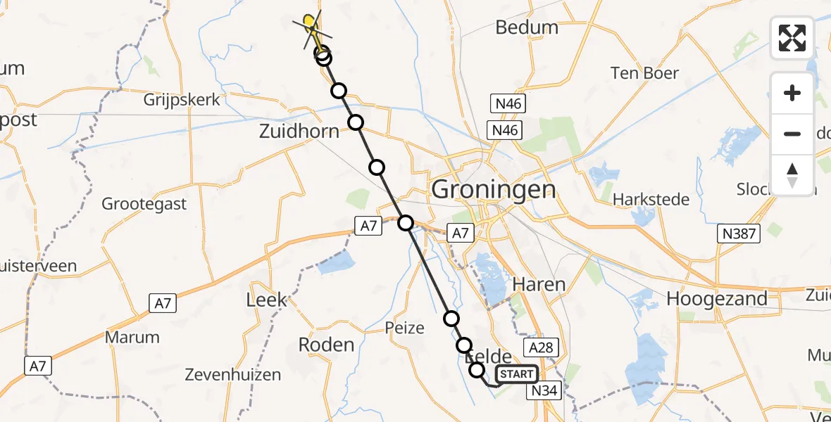 Routekaart van de vlucht: Lifeliner 4 naar Oldehove, Lugtenbergerweg