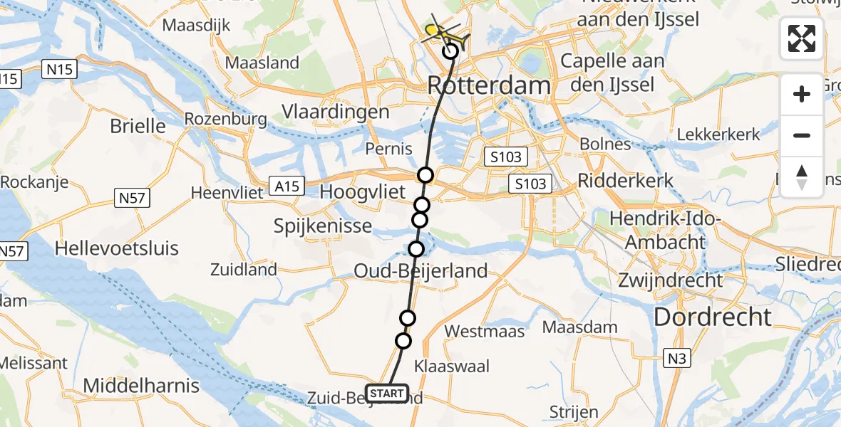 Routekaart van de vlucht: Lifeliner 2 naar Rotterdam The Hague Airport, Klein Zuid-Beijerlandsche Polder