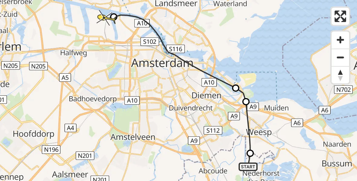 Routekaart van de vlucht: Lifeliner 1 naar Amsterdam Heliport, Klompweg