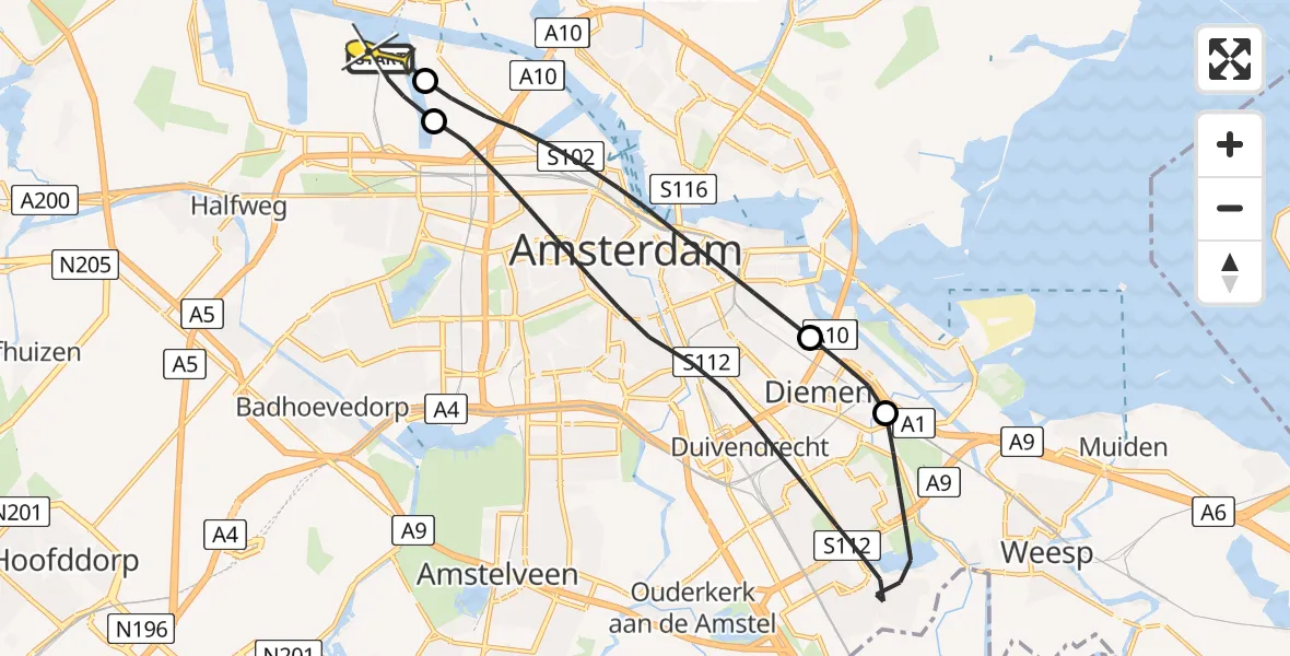 Routekaart van de vlucht: Lifeliner 1 naar Amsterdam Heliport, Maltaweg