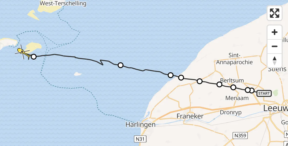 Routekaart van de vlucht: Ambulanceheli naar Vlieland, Alserterpaad