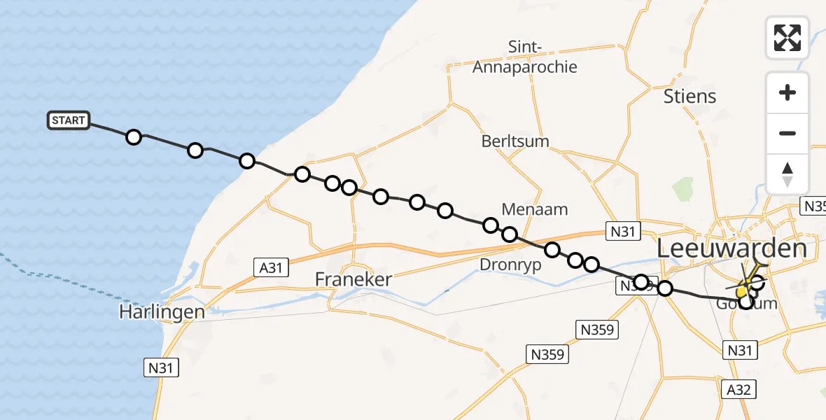 Routekaart van de vlucht: Ambulanceheli naar Leeuwarden, Aldlânsdyk