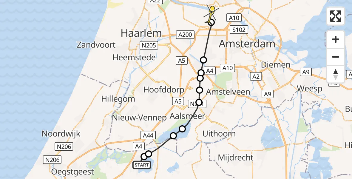 Routekaart van de vlucht: Lifeliner 1 naar Amsterdam Heliport, Burgemeester Vostersstraat