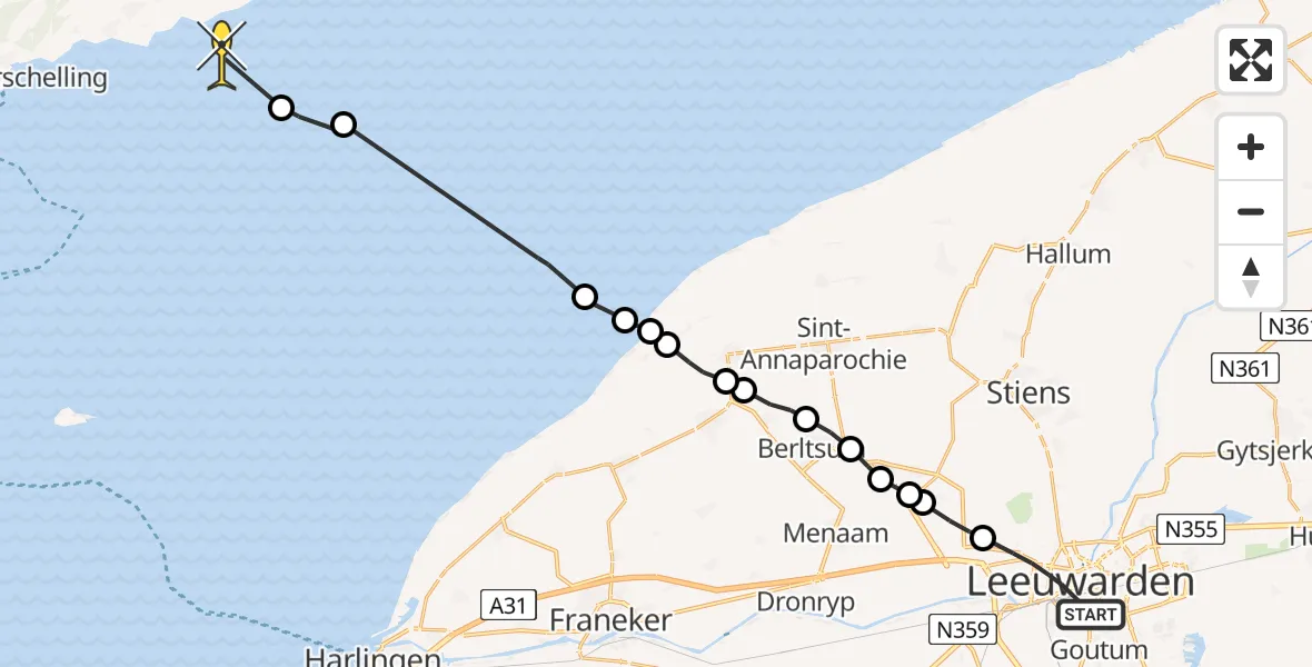 Routekaart van de vlucht: Ambulancehelikopter naar Formerum, Tesselschadestraat