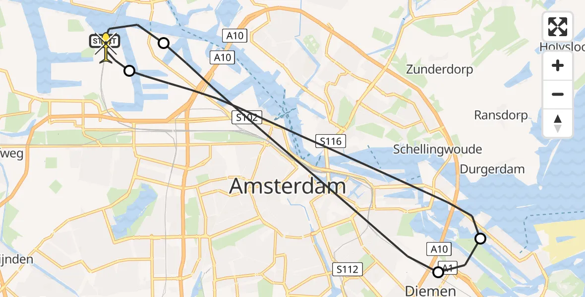 Routekaart van de vlucht: Lifeliner 1 naar Amsterdam Heliport, Hemweg