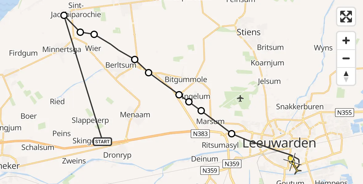 Routekaart van de vlucht: Ambulanceheli naar Leeuwarden, Westerweg