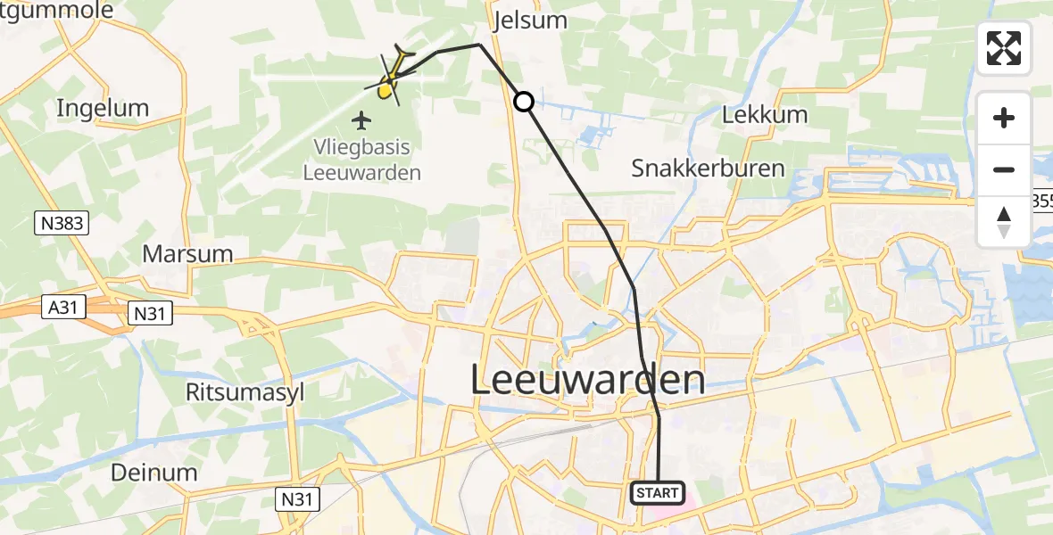 Vluchtroute Ambulancehelikopter van Leeuwarden naar Vliegbasis Leeuwarden