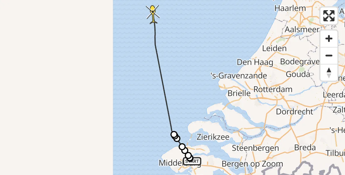 Routekaart van de vlucht: Kustwachthelikopter naar Oranjeplaatweg