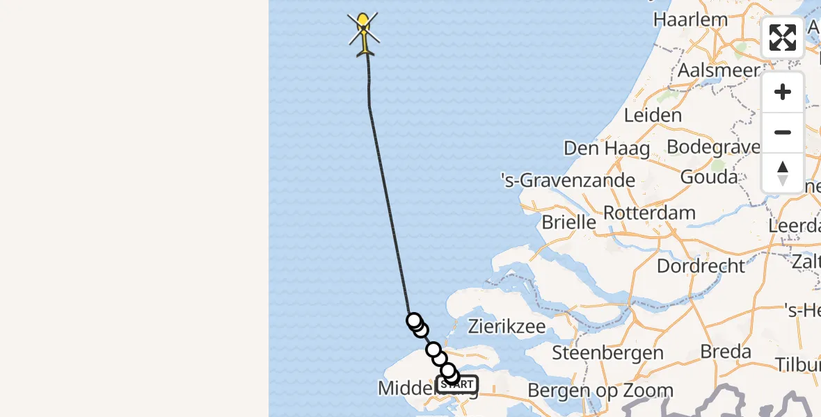Vluchtroute Kustwachthelikopter van Vliegveld Midden-Zeeland naar 