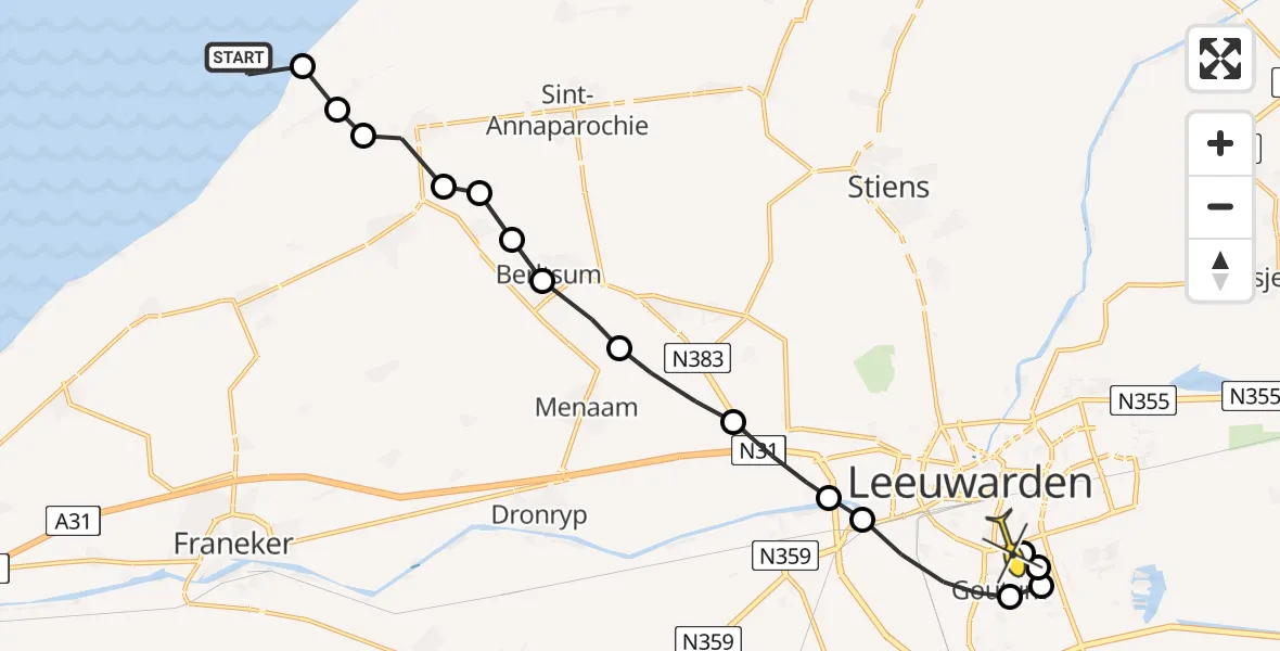 Routekaart van de vlucht: Ambulanceheli naar Leeuwarden, Aldlânsdyk