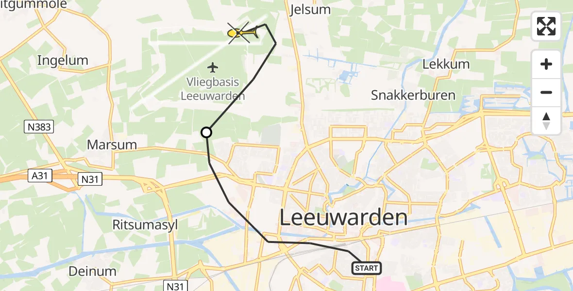 Routekaart van de vlucht: Ambulancehelikopter naar Vliegbasis Leeuwarden, Snekertrekweg