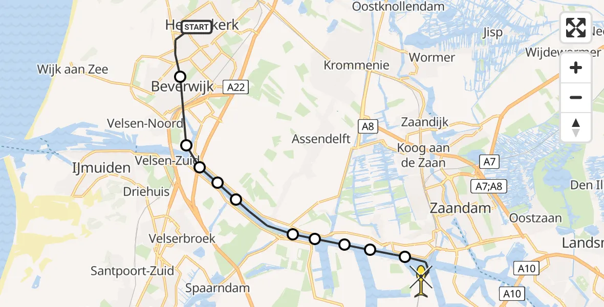 Routekaart van de vlucht: Lifeliner 1 naar Amsterdam Heliport, Rijksstraatweg