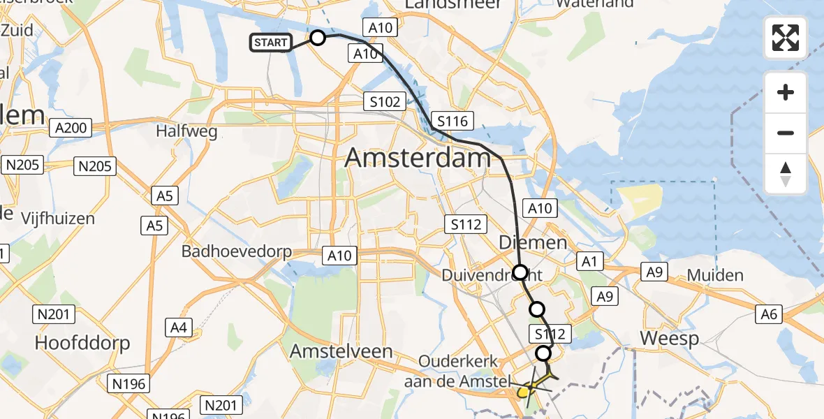 Routekaart van de vlucht: Lifeliner 1 naar Academisch Medisch Centrum (AMC), Westhavenweg