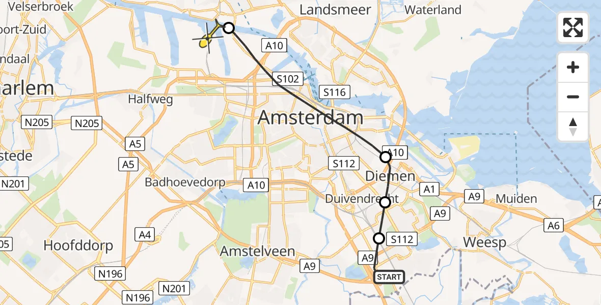 Routekaart van de vlucht: Lifeliner 1 naar Amsterdam Heliport, Meibergpad