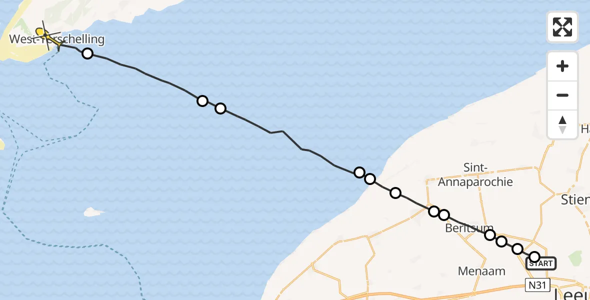 Routekaart van de vlucht: Ambulanceheli naar West-Terschelling, Alserterpaad