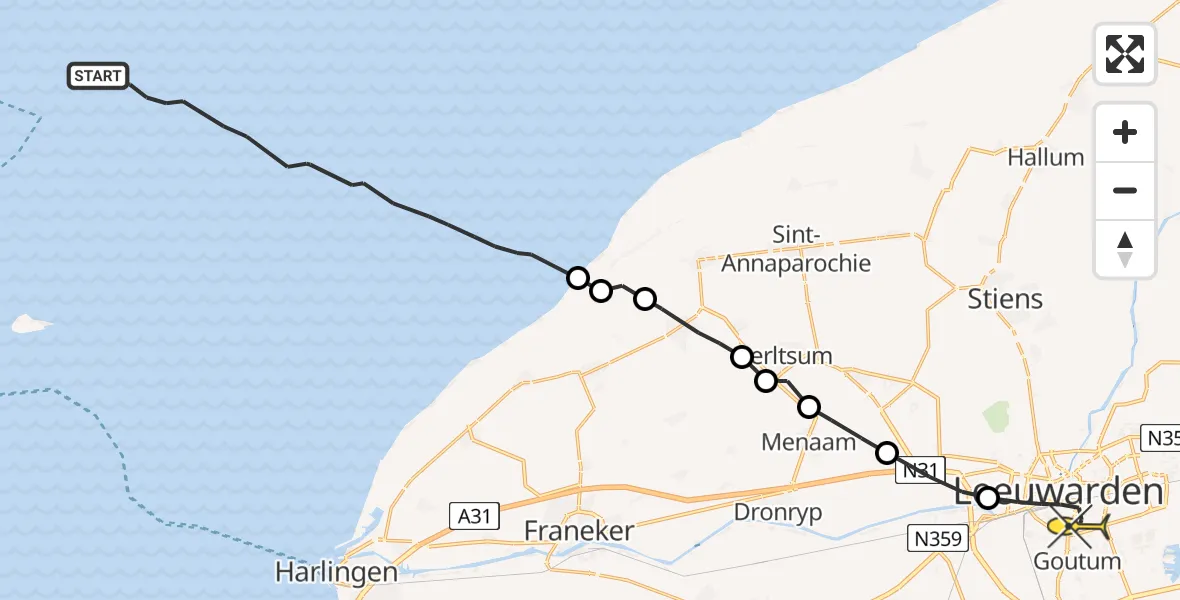 Routekaart van de vlucht: Ambulanceheli naar Leeuwarden, Borniastraat