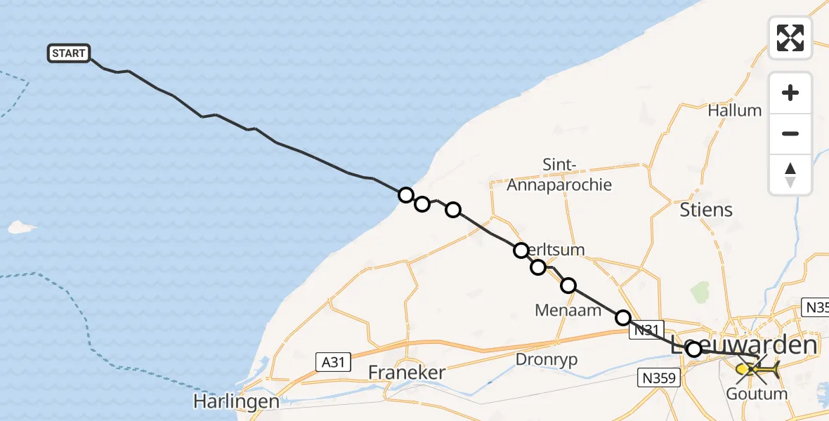 Routekaart van de vlucht: Ambulancehelikopter naar Leeuwarden, Borniastraat
