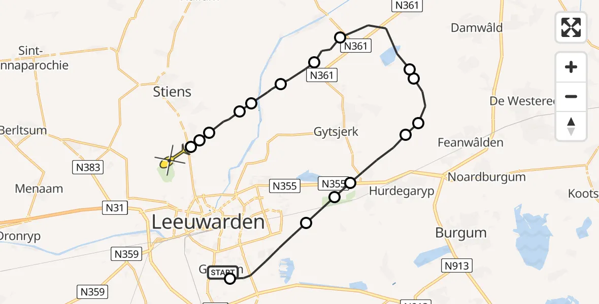 Routekaart van de vlucht: Ambulanceheli naar Vliegbasis Leeuwarden, De Brekker